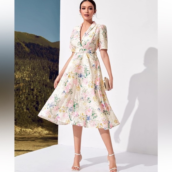 Miss Kelly 1999 Cottagecore Floral Embroidered Shawl Collar Belted Midi Dress